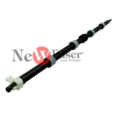 RM1-0371-000CN Face-down output roller - Black roller shaft with four gray soft rollers attached and white plastic mounting tab on one end